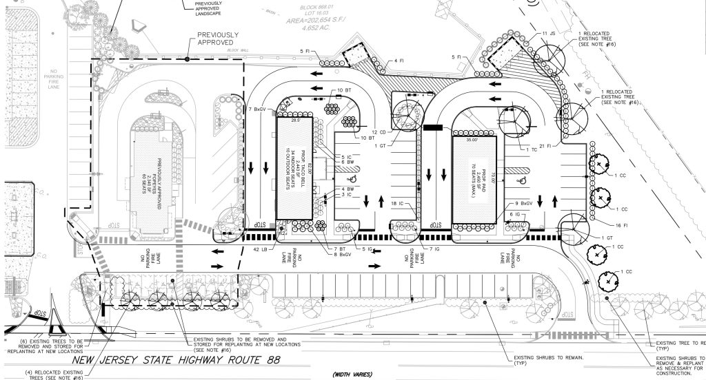 The layout of three fast food restaurants approved on Route 88 and Jack Martin Boulevard in Brick Township, N.J. (Planning Document)